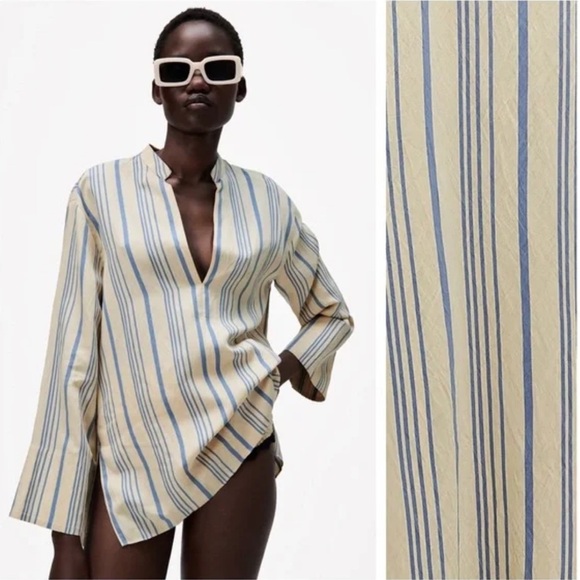 Zara Tops - ZARA STriped Cream/Blue Flowing Blouse Sz M V-Neck Long Sleeve Side Slide Shirt